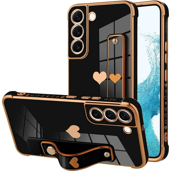 Designed for Samsung Galaxy S22 Case with Strap Luxury Love Heart Plating Gold Bumper Phone Cover Wristband Kickstand Full Body Protective Slim Case for Women - Black