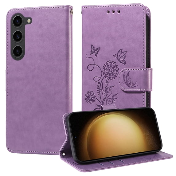Designed for Samsung Galaxy S22 Case Wallet,Women Flip Folio Cover with Butterfly & Flower Embossed PU Leather Stand Credit Card Holders Slots Wrist Strap Shockproof Phone Case,Purple