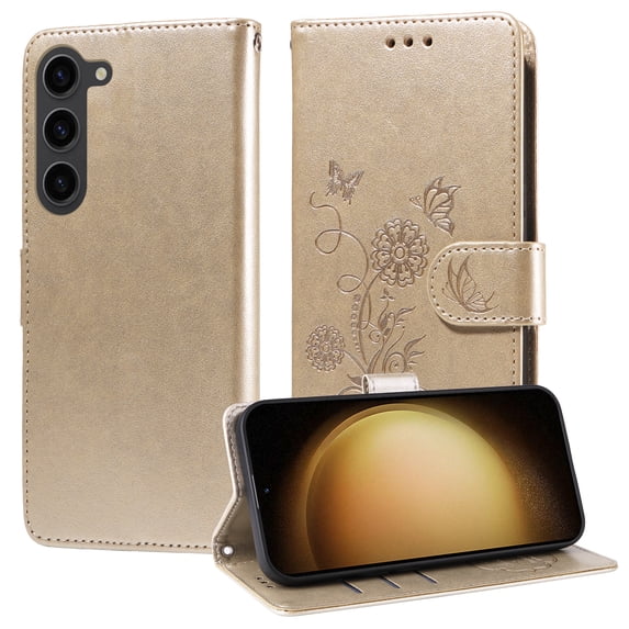 Designed for Samsung Galaxy S22 Case Wallet,Women Flip Folio Cover with Butterfly & Flower Embossed PU Leather Stand Credit Card Holders Slots Wrist Strap Shockproof Phone Case,Gold