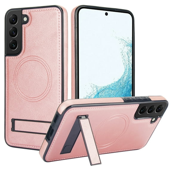 Designed for Samsung Galaxy S22, Luxury Slim Fit PU Leather Back Case with Magsafe Kickstand Wireless Charging Luxury Protective Anti-slip Durable Phone Cover for Galaxy S22,Rosegold