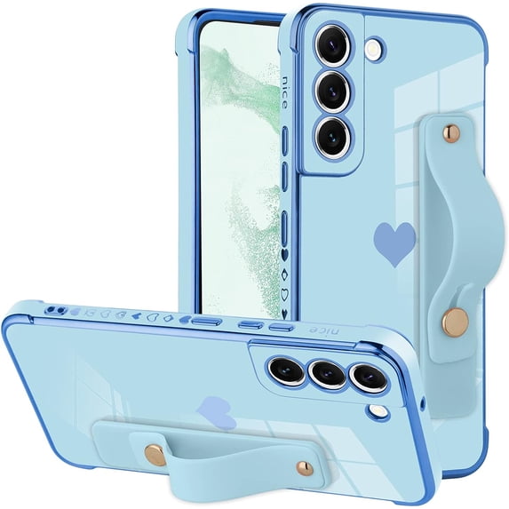Designed for Samsung Galaxy S22 Plus 5G Case with Strap Stand Love Hearts Design for Women Girl Men,Plating with Wristband Kickstand Camera Lens Protection Bumper for Galaxy S22 Plus 5G-Blue