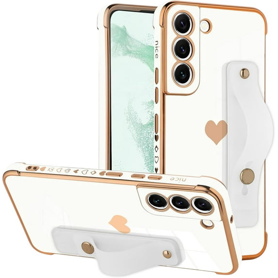 Designed for Samsung Galaxy S22 Plus 5G Case White Love Hearts Design for Women Girl Men, Luxury Plating with Strap Stand Full Camera Lens Protection Bumper for Galaxy S22 Plus 5G