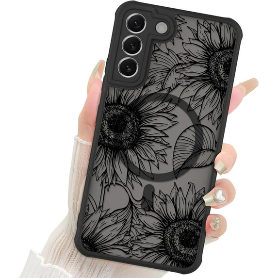 Designed for Samsung Galaxy S22 Plus Case Matte Flowers Design Compatible with MagSafe,Cute Sunflowers Anti-Scratch Translucent Phone Cover for Women Girls S22+ Plus 6.6"-Black