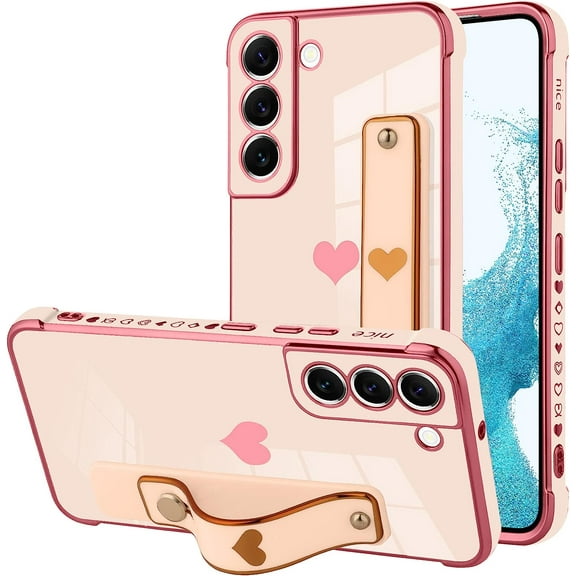 Designed for Samsung Galaxy S22 Plus Case with Strap Luxury Love Heart Plating Gold Bumper Phone Cover Wristband Kickstand Full Body Protective Slim Case for Women - Pink