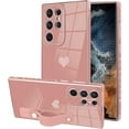 thumbnail image 1 of Designed for Samsung Galaxy S22 Ultra Case with Strap Luxury Love Heart Plating Gold Bumper Phone Cover Wristband Kickstand Full Body Protective Slim Case for Women-Sand Pink, 1 of 10