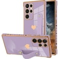 thumbnail image 1 of Designed for Samsung Galaxy S22 Ultra Case with Strap Luxury Love Heart Plating Gold Bumper Phone Cover Wristband Kickstand Full Body Protective Slim Case for Women Girls-Purple, 1 of 10