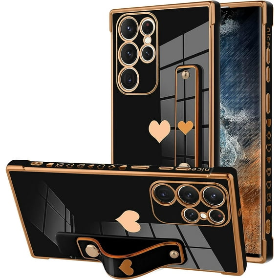 Designed for Samsung Galaxy S22 Ultra Case with Strap Luxury Love Heart Plating Gold Bumper Phone Cover Wristband Kickstand Full Body Protective Slim Case for Women - Black