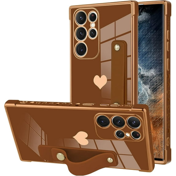 Designed for Samsung Galaxy S22 Ultra Case with Strap Luxury Love Heart Plating Gold Bumper Phone Cover Wristband Kickstand Full Body Protective Slim Case for Women Girls-Brown