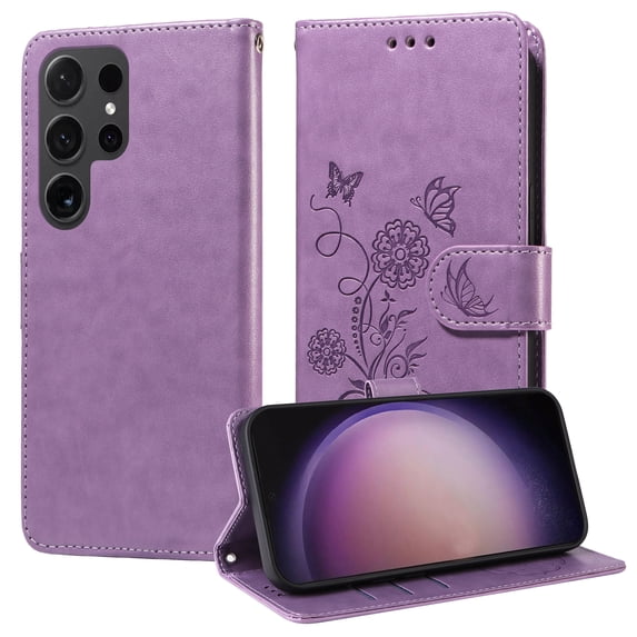 Designed for Samsung Galaxy S22 Ultra Case Wallet,Women Flip Folio Cover with Butterfly & Flower Embossed PU Leather Stand Credit Card Holders Slots Wrist Strap Shockproof Phone Case,Purple