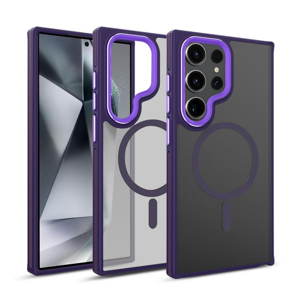 Designed for Samsung Galaxy S22 Ultra Clear Back Case, Colorful Frame Magsafe Compatible Anti-Slip Grip Drop Protection Wireless Charging Transparent Anti-Fingerprint Case for Galaxy S22 Ultra, Purple