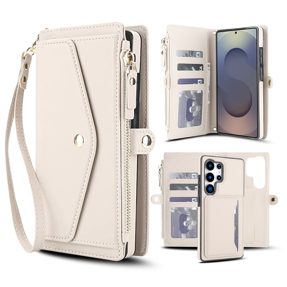 Designed for Samsung Galaxy S22 Ultra Multi-Function Wallet Phone Case,With Shoulder Strap&Wrist Strap,Cash Pocket&Card Slots,Zipper Purse,Magnetic Detachable PU Leather Flip Phone Case,White