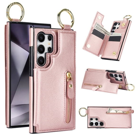 Designed for Samsung Galaxy S22 Ultra PU Leather Back Case, Vintage Kickstand Card Slots Finger Ring Zipper Drop Protective Business Phone Cover Compatible with Samsung Galaxy S22 Ultra - Rosegold