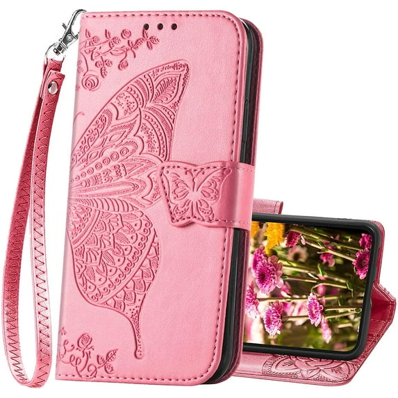 Designed for Samsung Galaxy S23 5G Case Wallet,Women Flip Cover with Butterfly Embossed PU Leather Kickstand Credit Card Holders Slots Wrist Strap Phone Case for Samsung S23 5G 6.1" (Pink)