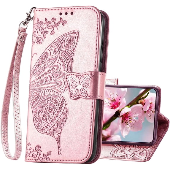 Designed for Samsung Galaxy S23 5G Case Wallet,Women Flip Folio Cover with Butterfly Embossed PU Leather Kickstand Credit Card Holders Slots Wrist Strap Phone Case for Samsung S23 5G 6.1" (Rose Gold)
