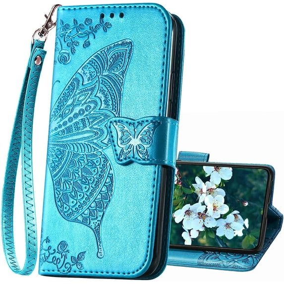 Designed for Samsung Galaxy S23 5G Case Wallet,Women Flip Folio Cover with Butterfly Embossed PU Leather Kickstand Credit Card Holders Slots Wrist Strap Phone Case for Samsung S23 5G 6.1" (Blue)