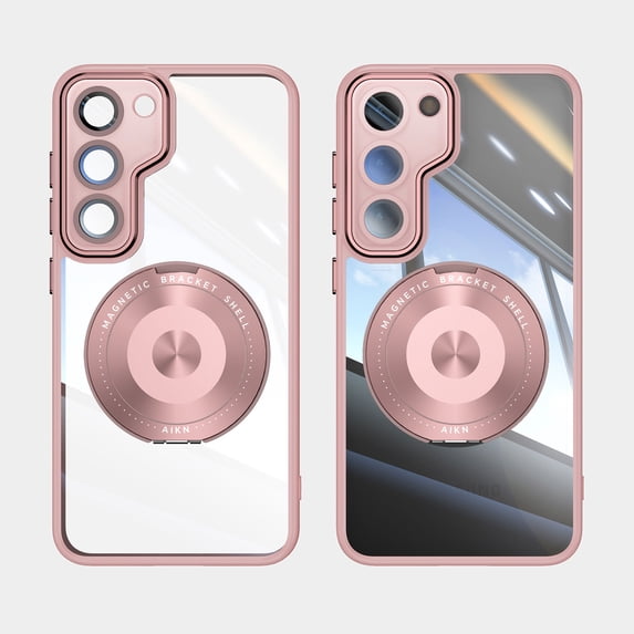 Designed for Samsung Galaxy S23 Crystal Clear Back Case, Luxury Case with Lens Protector Drop Protective Magnetic Rotating Ring Kickstand Shockproof Thin Fit Phone Case Cover, Pink