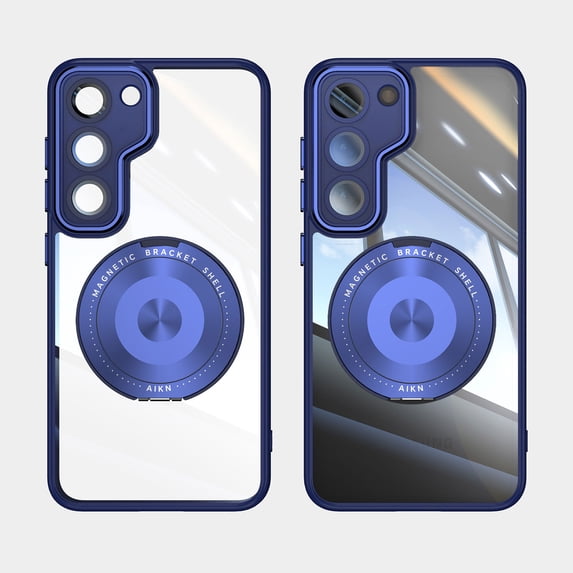 Designed for Samsung Galaxy S23 Crystal Clear Back Case, Luxury Case with Lens Protector Drop Protective Magnetic Rotating Ring Kickstand Shockproof Thin Fit Phone Case Cover, Blue