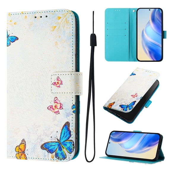 Designed for Samsung Galaxy S23 FE Premium PU Leather Pattern Flip Wallet Case Cover, Card Slots & Kickstand Wrist Strap Magnetic Closure Protective Phone Case for S23 FE, Colorful Butterflies
