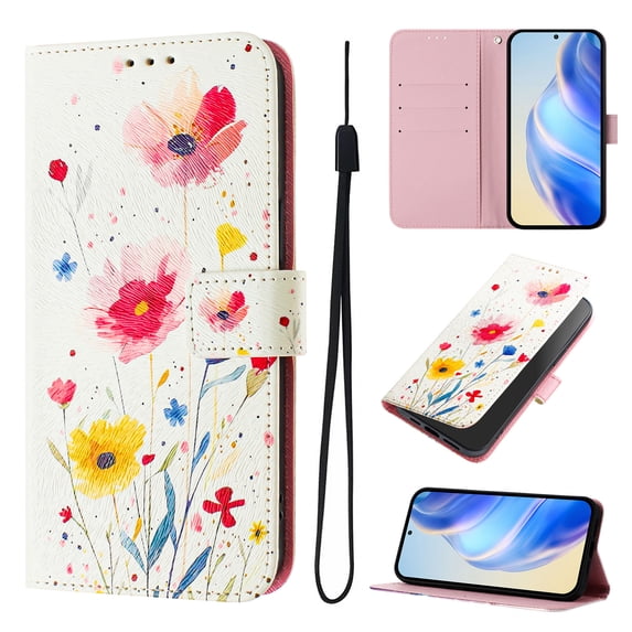 Designed for Samsung Galaxy S23 FE Premium PU Leather Pattern Flip Wallet Case Cover, Card Slots & Kickstand Wrist Strap Magnetic Closure Protective Phone Case for S23 FE, Yellow/Red Flower