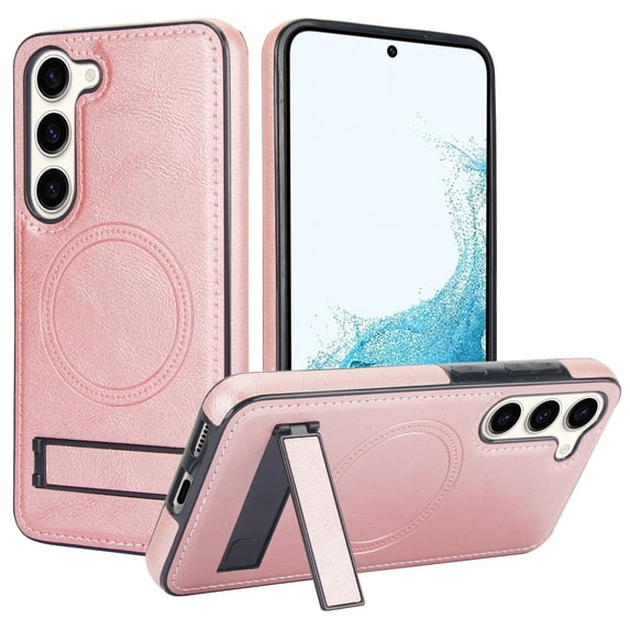 Designed for Samsung Galaxy S23, Luxury Slim Fit PU Leather Back Case with Magsafe Kickstand Wireless Charging Luxury Protective Anti-slip Durable Phone Cover for Galaxy S23,Rosegold