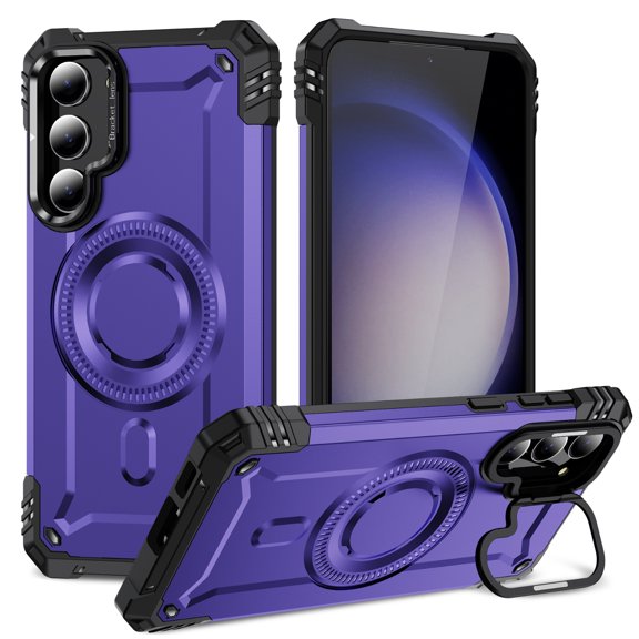 Designed for Samsung Galaxy S23 Plus Armor Case with Camera Cover Stand, Shockproof Protection Compatible with MagSafe Rugged Case Cover for Galaxy S23 Plus, Support Car Magnetic Holder - Purple