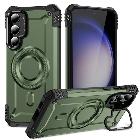 Designed for Samsung Galaxy S23 Plus Armor Case with Camera Cover Stand, Shockproof Protection Compatible with MagSafe Rugged Case Cover for Galaxy S23 Plus, Support Car Magnetic Holder - Armygreen