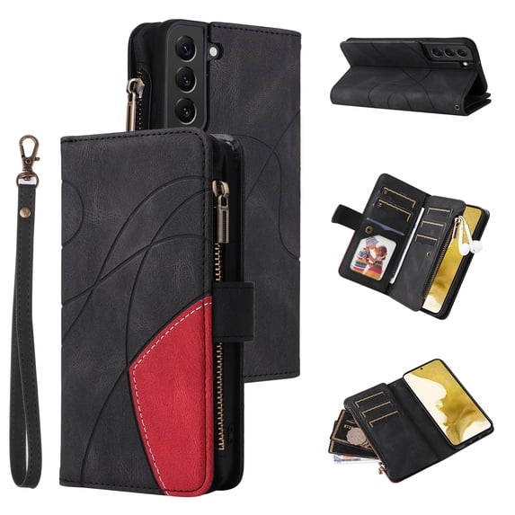 Designed for Samsung Galaxy S23 Plus, Wallet Cases Zipper Leather Card Slot Flip Magnetic Phone Cover Compatible with Samsung Galaxy S23 Plus Wrist Strap Kickstand Stand Purse,Black