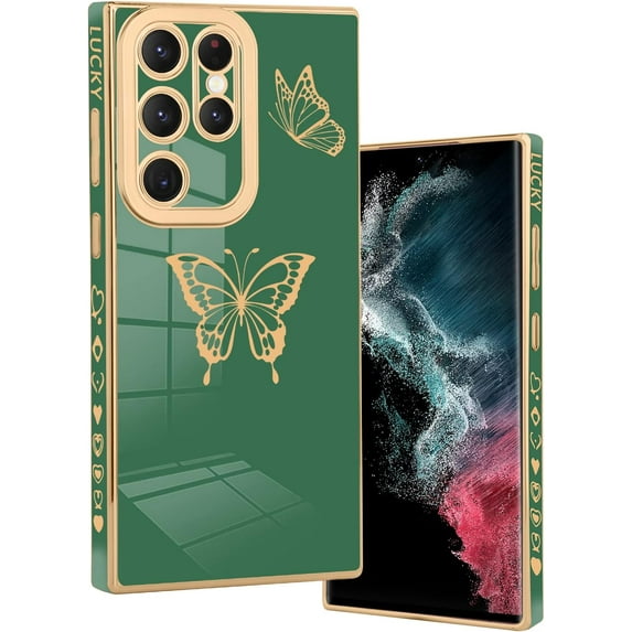 Designed for Samsung Galaxy S23 Ultra 5G Case Cute Butterflies Design for Women Girls,Luxury Plating Bumper Camera Lens Protection Cover for Galaxy S23 Ultra 5G -Green