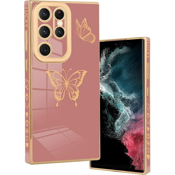 Designed for Samsung Galaxy S23 Ultra 5G Case Cute Butterflies Design for Women Girls,Luxury Plating Bumper Camera Lens Protection Cover for Galaxy S23 Ultra 5G -Pink