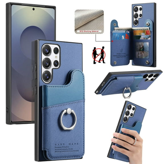 Designed for Samsung Galaxy S23 Ultra Back Wallet Case with Card Holder Slots, [Rotatable Ring Holder Stand & Secure Grip Ring] [RFID Blocking PU Leather Protection] Shockproof Cover, Blue
