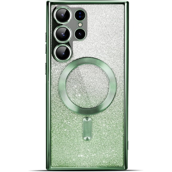 Designed for Samsung Galaxy S23 Ultra Case, Magnetic Gradient Glitter Phone Case Plating Bling Clear Cover Compatible with MagSafe, with Camera Lens Protector, Green