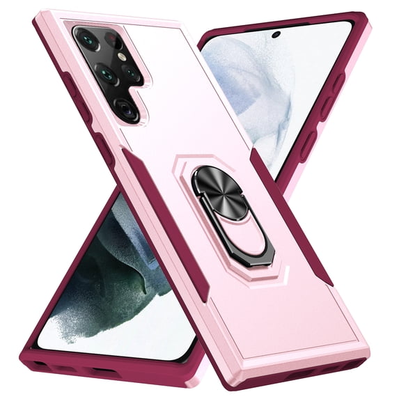 Designed for Samsung Galaxy S23 Ultra Case, Military-Grade Drop Protection, Shockproof Phone Case Cover, Magnetic Car Mount Ring Kickstand Bumper Hard Case for Samsung Galaxy S23 Ultra, Pink+Rose