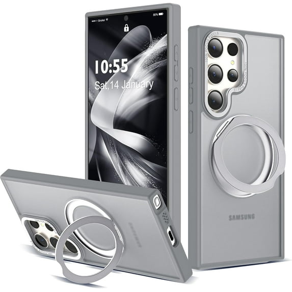 Designed for Samsung Galaxy S23 Ultra Case & Samsung Galaxy S22 Ultra Case with 360° Rotatable & Invisible Magnetic Ring Stand, Translucent S22 & S23 Ultra Phone Case 6.8", Grey