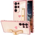thumbnail image 1 of Designed for Samsung Galaxy S23 Ultra Case with Strap Luxury Love Heart Plating Gold Bumper Phone Cover Wristband Kickstand Full Body Protective Slim Case for Women-Pink, 1 of 11