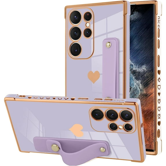 Designed for Samsung Galaxy S23 Ultra Case with Strap Luxury Love Heart Plating Gold Bumper Phone Cover Wristband Kickstand Full Body Protective Slim Case for Women-Purple