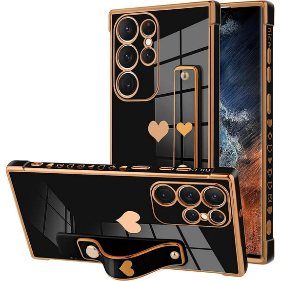Designed for Samsung Galaxy S23 Ultra Case with Strap Luxury Love Heart Plating Gold Bumper Phone Cover Wristband Kickstand Full Body Protective Slim Case for Women-Black