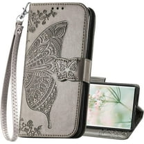 Designed for Samsung Galaxy S23 Ultra Case Wallet,Women Flip Folio Cover with Credit Card Holders Butterfly Emboss PU Leather Stand Wrist Strap Phone Case for Galaxy 23 Ultra 5G (Gray)