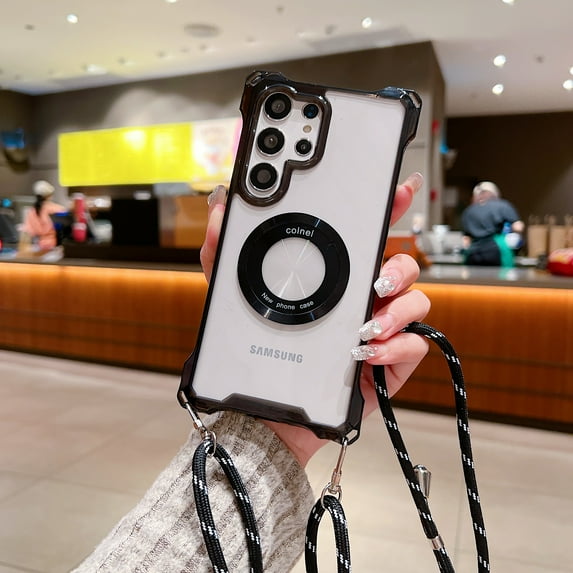 Designed for Samsung Galaxy S23 Ultra Clear Case, Anti-Yellowing Shockproof Military-Grade Protection with Magnetic MagSafe & Long Rope Rugged Phone Cover for Samsung Galaxy S23 Ultra, Black