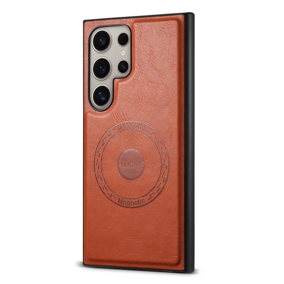 Designed for Samsung Galaxy S23 Ultra, Compatible with MagSafe Premium PU Leather Bumper Frame Shockproof Drop Protective Car Magnetic Phone Case Cover for Samsung Galaxy S23 Ultra, Brown