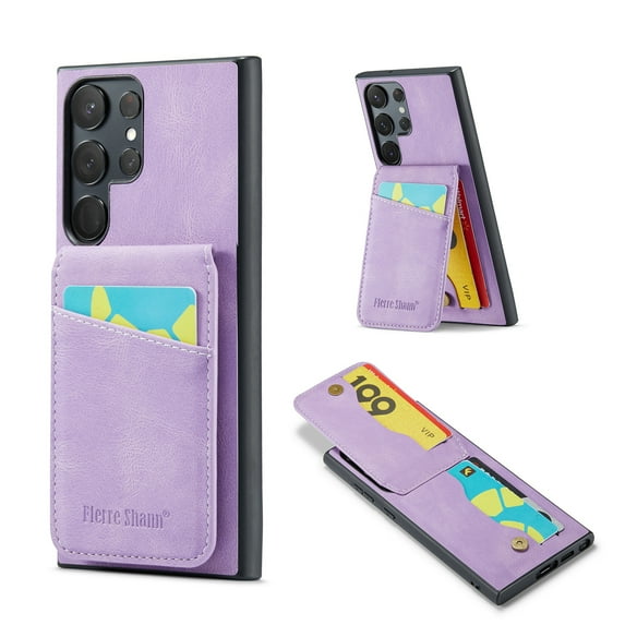 Designed for Samsung Galaxy S23 Ultra Credit Card Slots Flip Wallet Back Case, Vintage Ultra Slim Premium PU Leather Magnetic Snap Kickstand Drop Protective Phone Cover with RFID Blocking, Purple