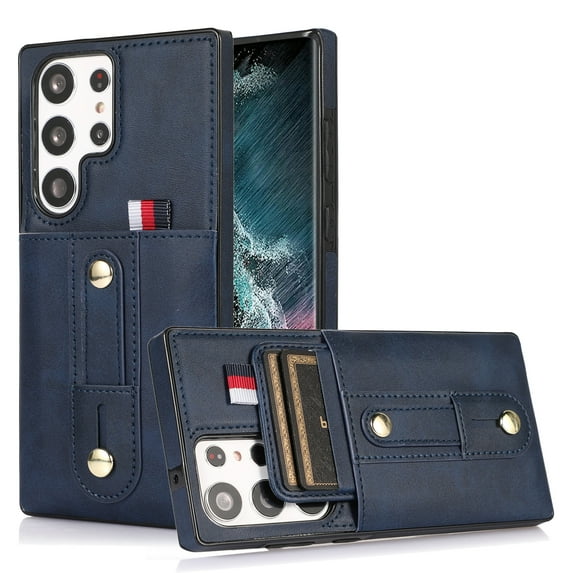 Designed for Samsung Galaxy S23 Ultra Wallet Case with Adjustable Wrist Strap Kickstand PU Leather Credit Card Holder Heavy Duty Shockproof Hybrid Rugged Protective Cover for Women Men 6.8",Blue