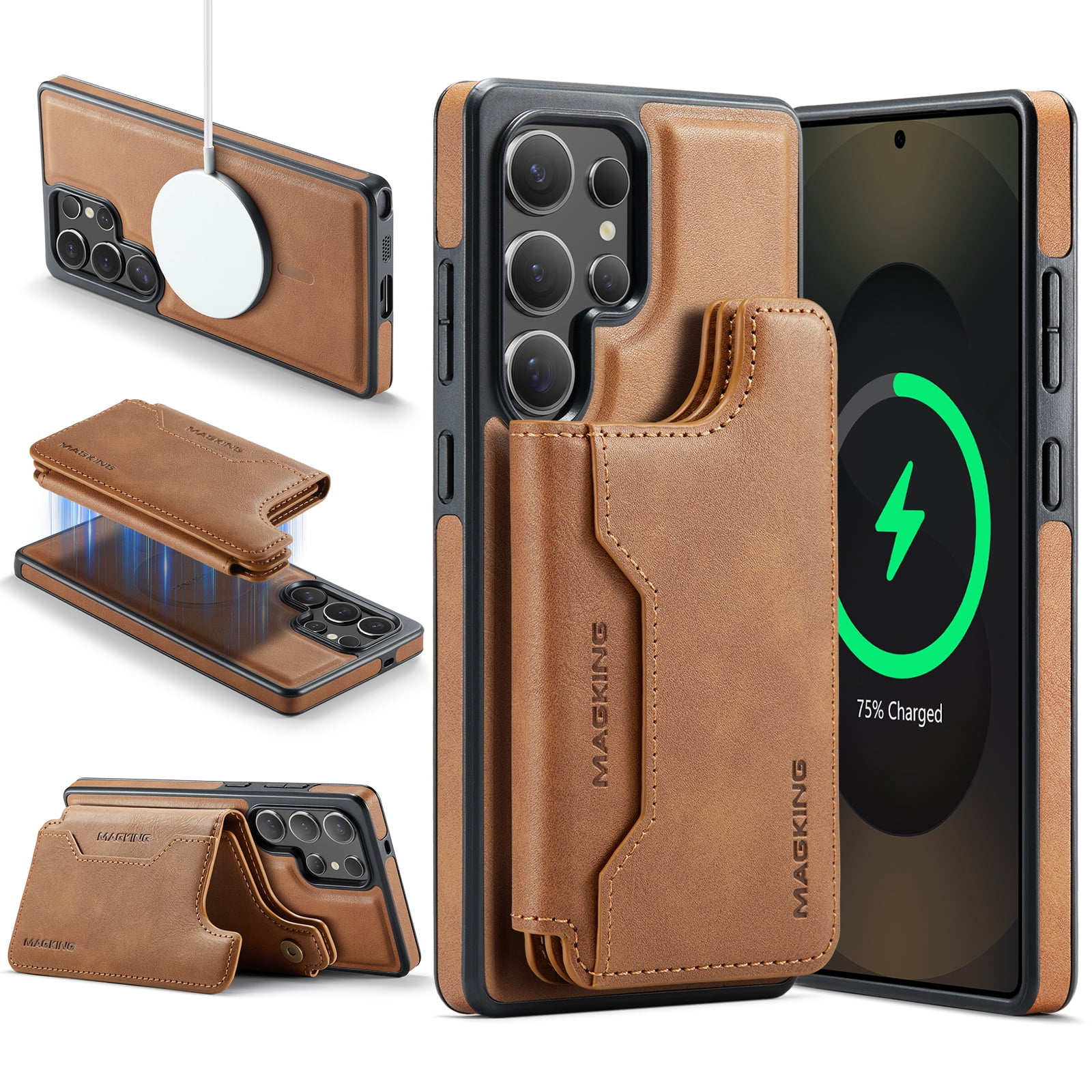 Designed for Samsung Galaxy S23 Ultra Wallet Phone Case,Magnetic Detachable Flip Card Holder,Back Flip Kickstand,Compatible with Mag-Safe,2-in-1 PU Leather Heavy Duty Shockproof Phone Case,Brown