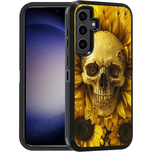Designed for Samsung Galaxy S24 Case, Military Grade Heavy Duty 3-Layer Shockproof Full-Body Protective Cover for Samsung Galaxy S24 5G (6.2", 2024), Skull Sunflower