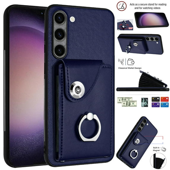 Designed for Samsung Galaxy S24 Case Wallet Credit Card Holder with Rotation Finger Ring Kickstand, Hidden Pocket Anti-Scratch PU Leather Shockproof Protective Cover for Galaxy S24, Blue