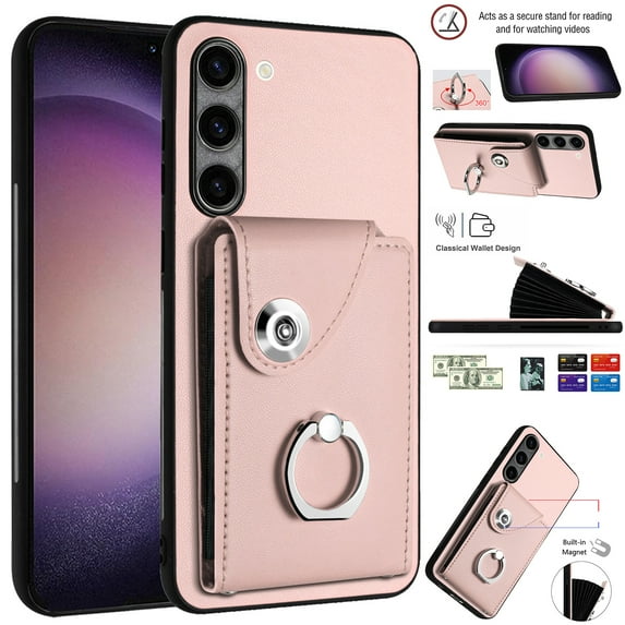 Designed for Samsung Galaxy S24 Case Wallet Credit Card Holder with Rotation Finger Ring Kickstand, Hidden Pocket Anti-Scratch PU Leather Shockproof Protective Cover for Galaxy S24, Pink