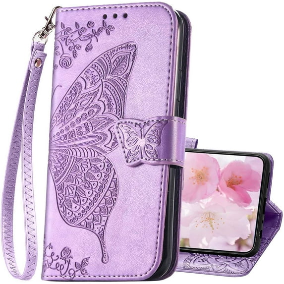 Designed for Samsung Galaxy S24 Case Wallet,Women Flip Folio Cover with Butterfly Embossed PU Leather Stand Credit Card Holders Slots Wrist Strap Phone Case for Samsung S24 5G 6.1" (Lavender)