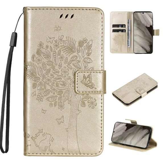 Designed for Samsung Galaxy S24 Case Wallet for Women, Flip Folio Cover with Embossed PU Leather Kickstand Credit Card Holder Magnetic Wrist Strap Protective Case for S24, Gold
