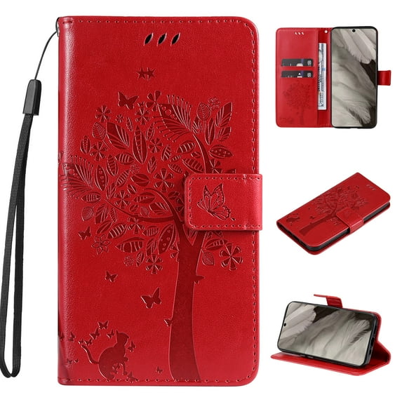 Designed for Samsung Galaxy S24 Case Wallet for Women, Flip Folio Cover with Embossed PU Leather Kickstand Credit Card Holder Magnetic Wrist Strap Protective Case for S24, Red