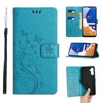 Designed for Samsung Galaxy S24 Case, Wrist Strap Flip Kickstand PU Leather Wallet Case Cash Card Slots Holder, Protective Shockproof Pattern Women Cover for Samsung Galaxy S24, Blue