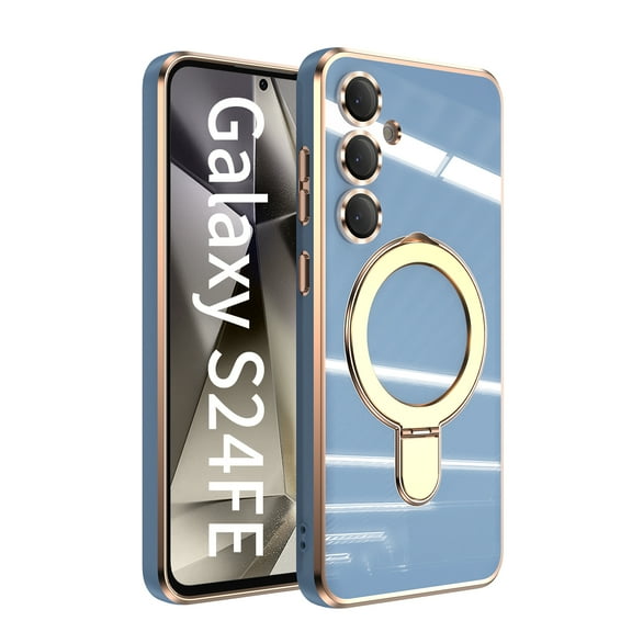 Designed for Samsung Galaxy S24 FE Case, with 360° Rotatable Magnetic Invisible Stand [Compatible with MagSafe] Gold Plating Edge Soft TPU Shockproof Protective Case for Women Men - Lightblue